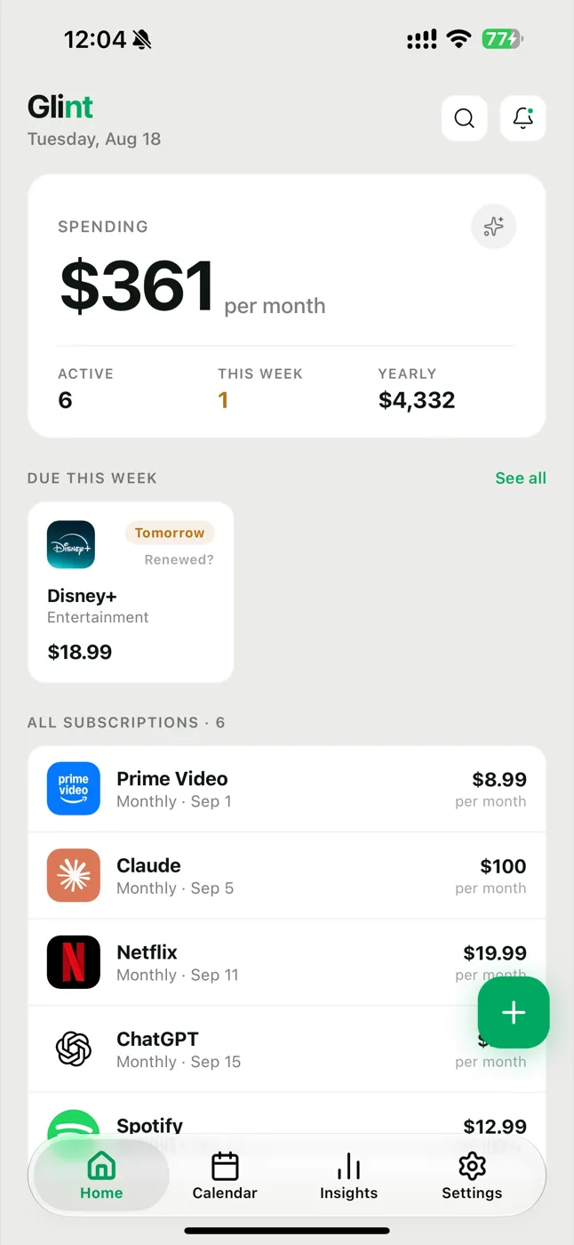 Glint home screen showing the monthly spending total, what is due this week, and the full subscription list