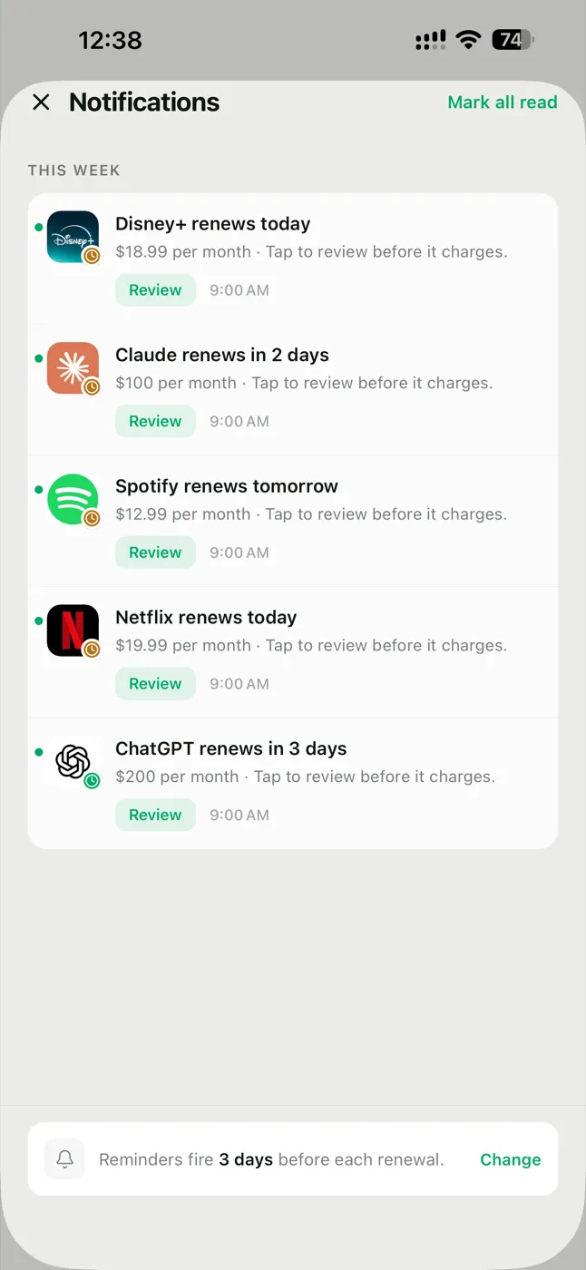 Glint notifications screen listing upcoming renewal reminders